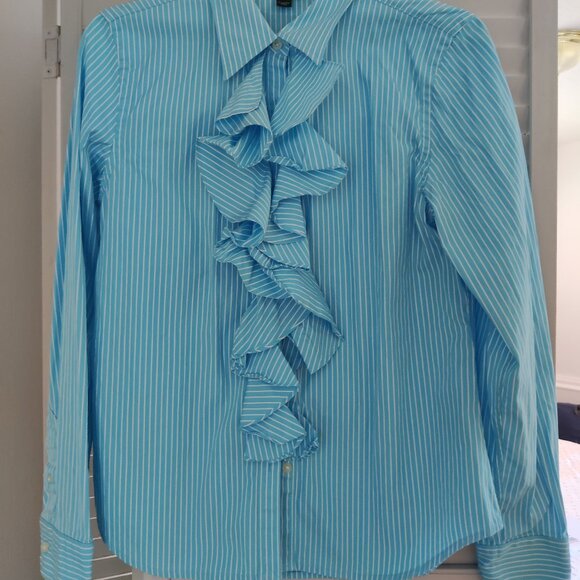 Lauren Ralph Lauren Teal Striped Ruffle Front Blouse - Size M - Picture 3 of 8